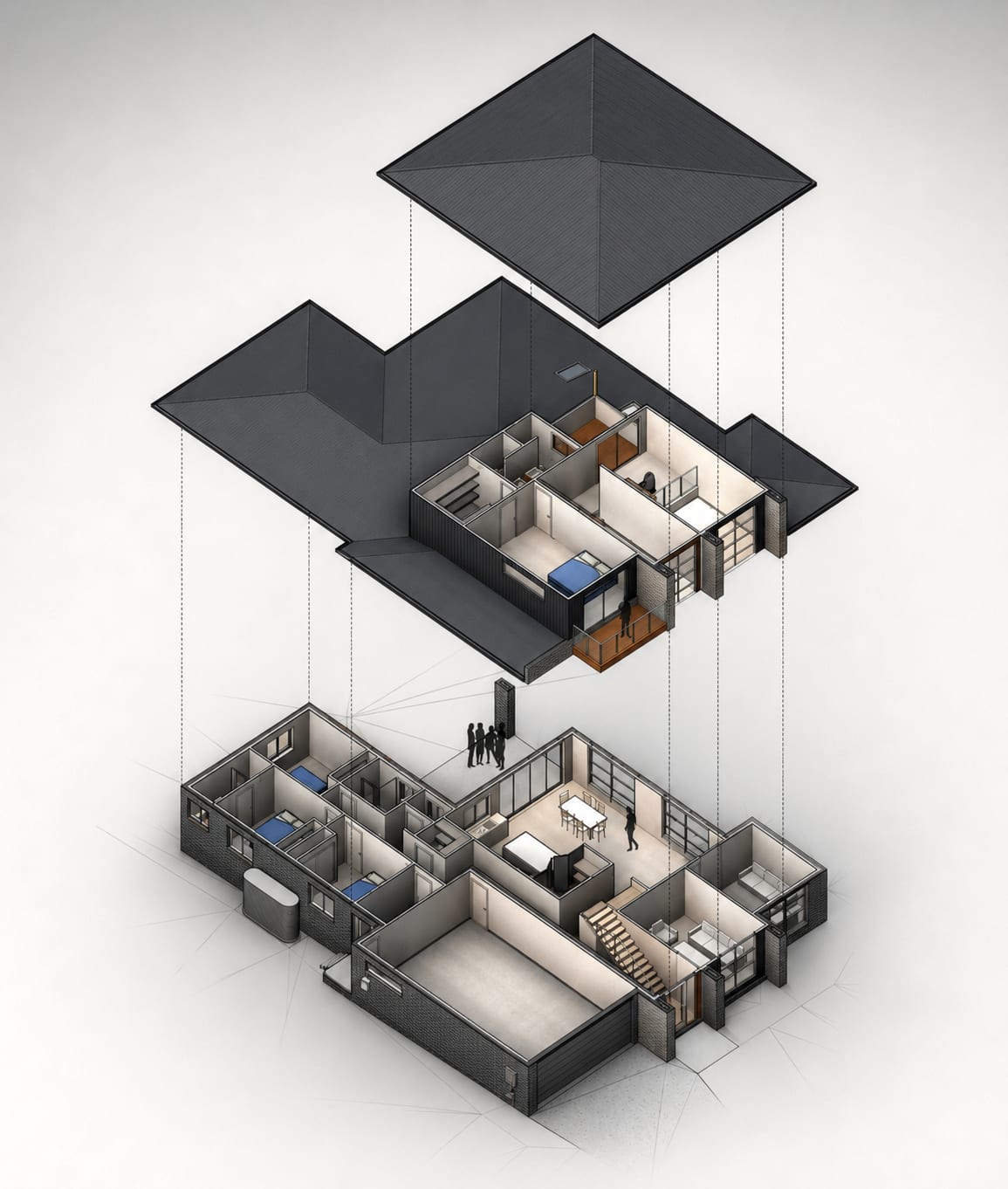 Dadswell Street Residence, exploded 3D model showing roof, upper and ground floors