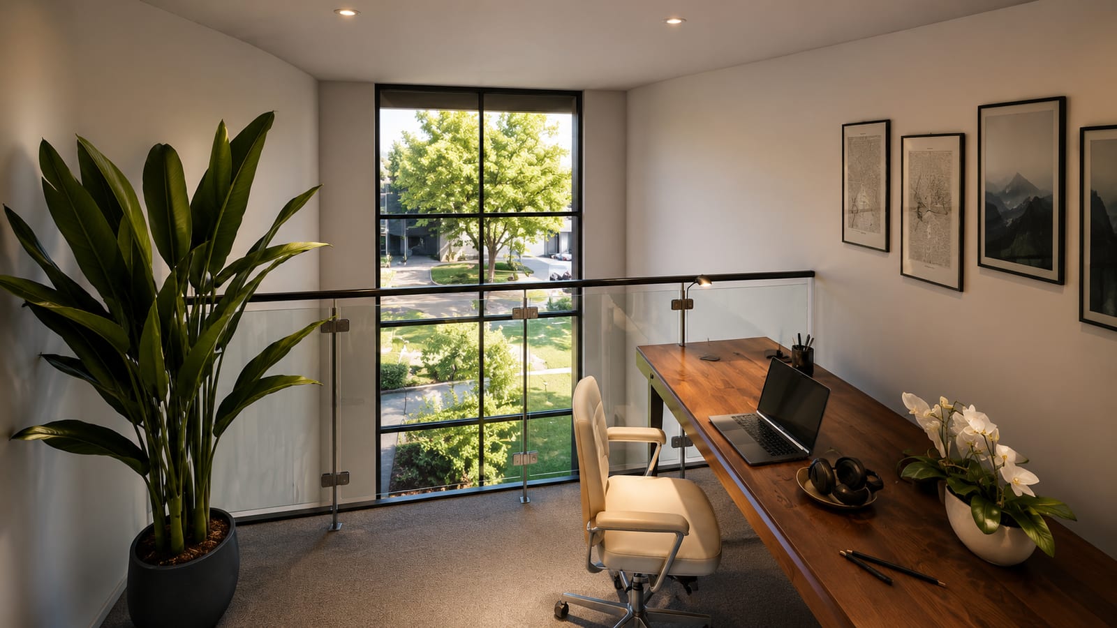 Dadswell Street Residence, mezzanine study with double-height window outlook