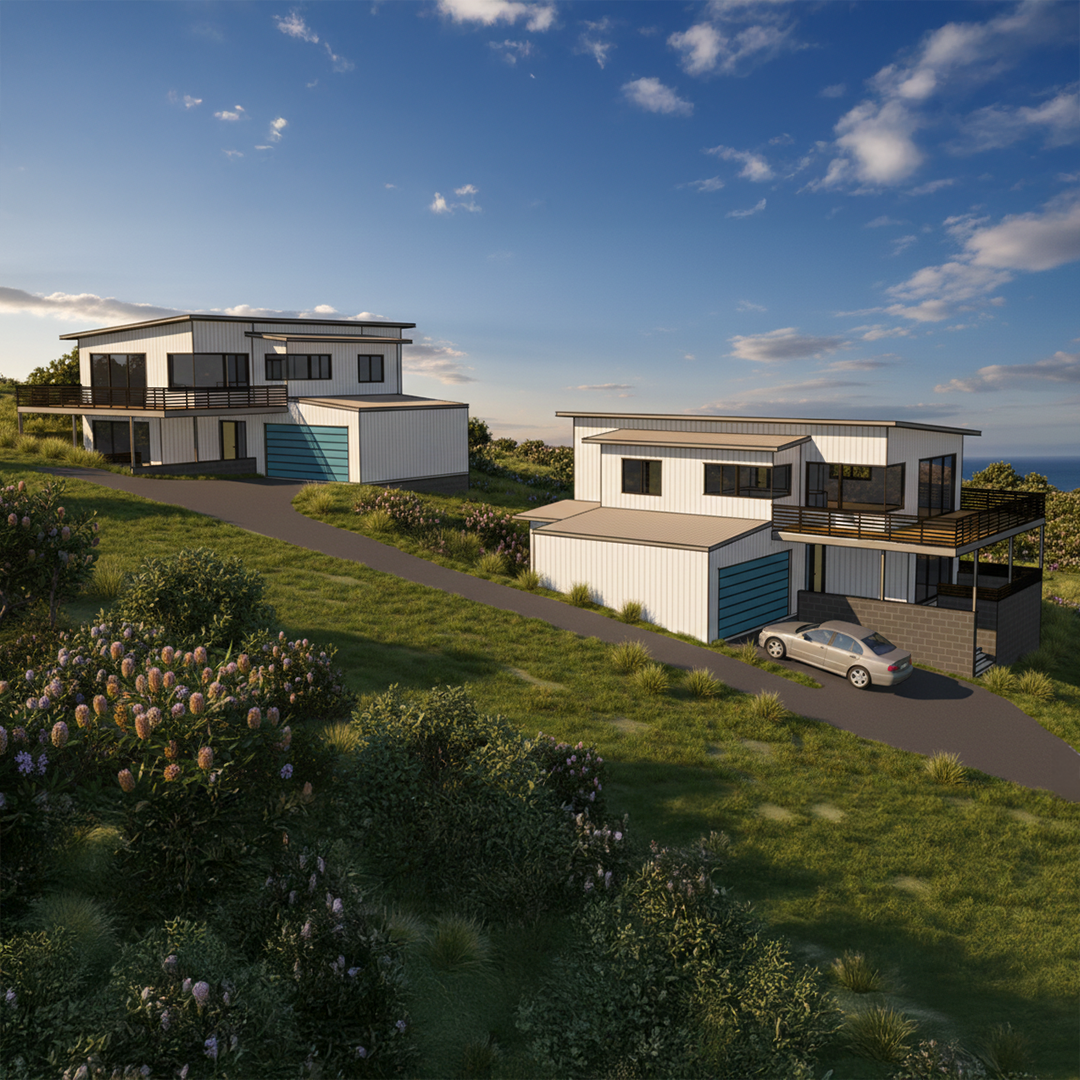 Long Beach Coastal — daytime view of both homes on hillside